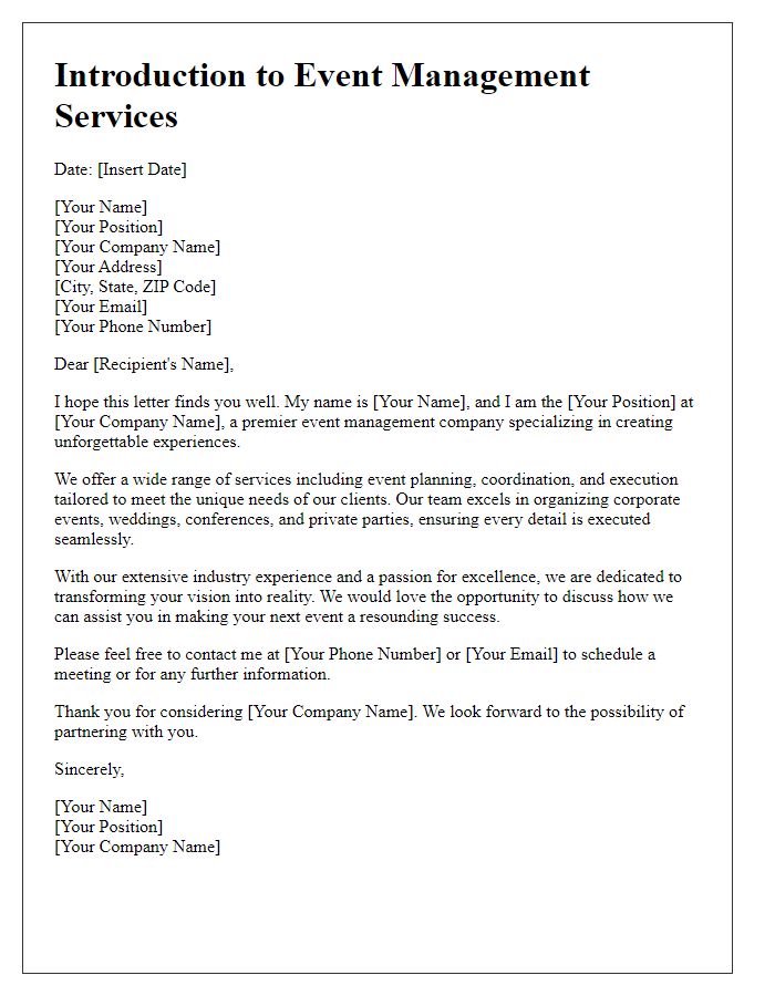 Letter template of introduction for event management services.