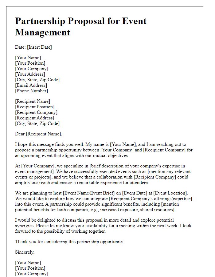 Letter template of partnership proposal for event management.