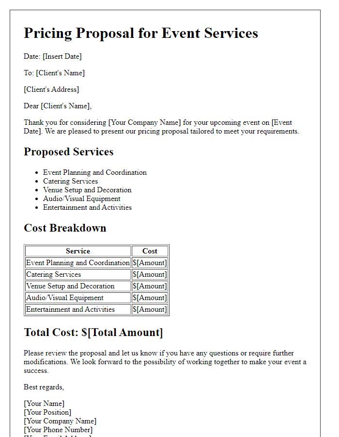 Letter template of pricing proposal for event services.