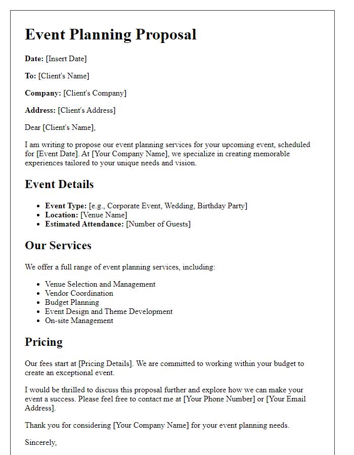 Letter template of proposal for event planning services.