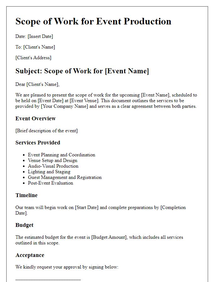 Letter template of scope of work for event production.