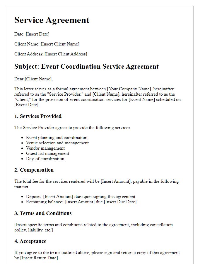 Letter template of service agreement for event coordination.