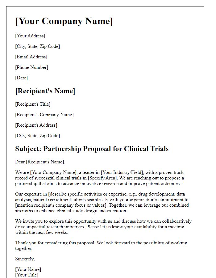 Letter template of pharmaceutical clinical trial partnership proposal