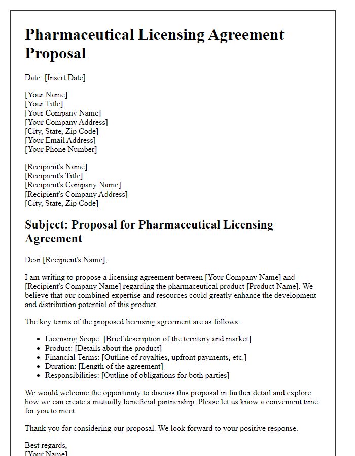 Letter template of pharmaceutical licensing agreement proposal