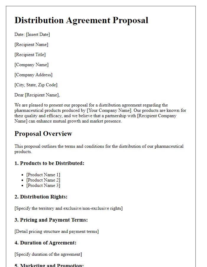 Letter template of pharmaceutical product distribution agreement proposal