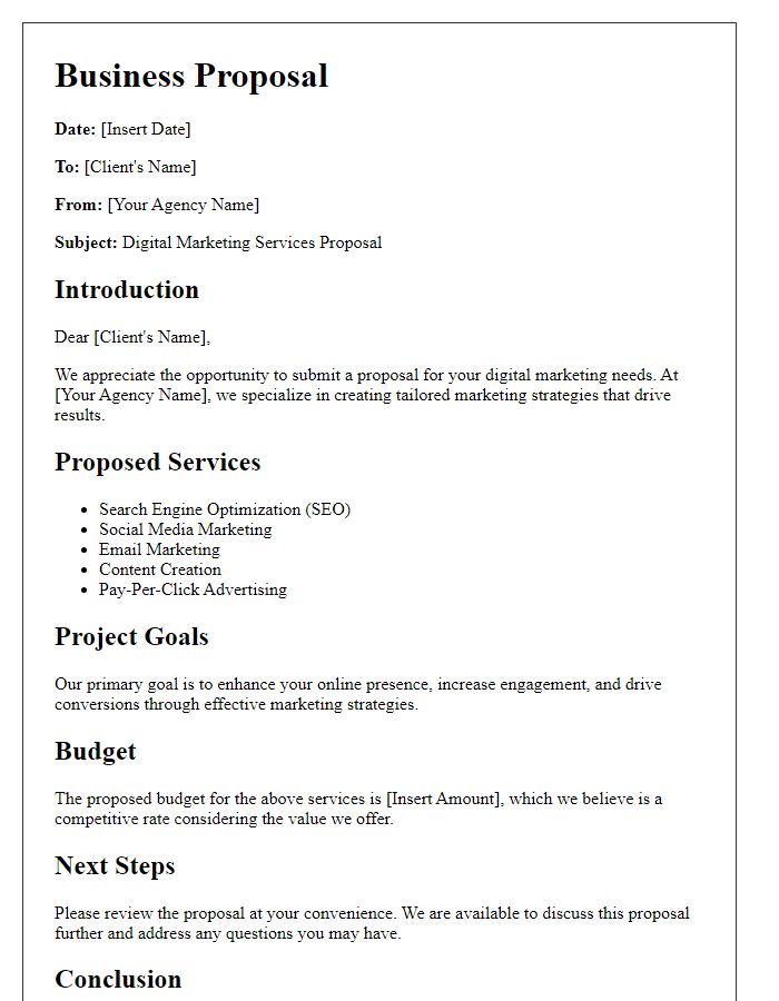 Letter template of a digital marketing agency business proposal.