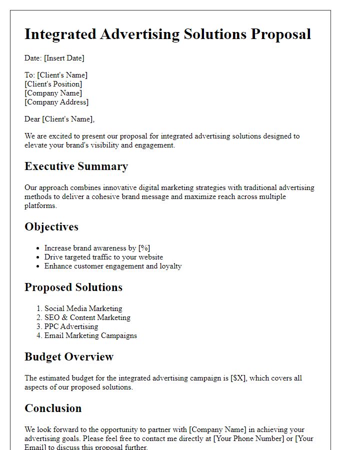 Letter template of an integrated advertising solutions proposal.