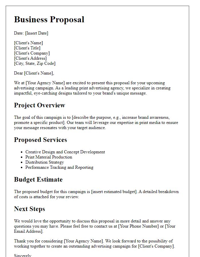 Letter template of a print advertising agency business proposal.