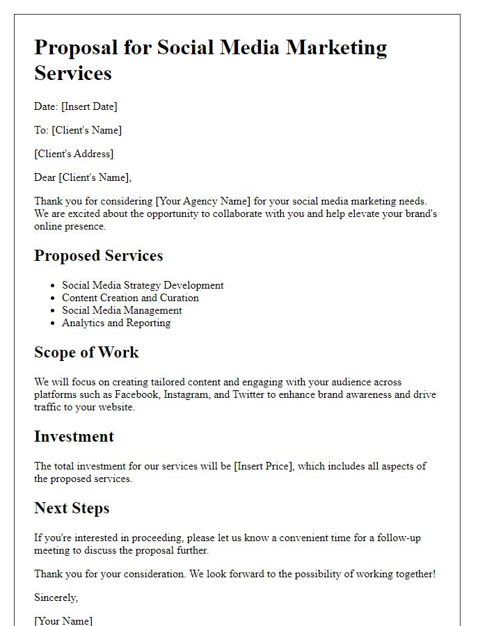 Letter template of a social media marketing agency proposal.