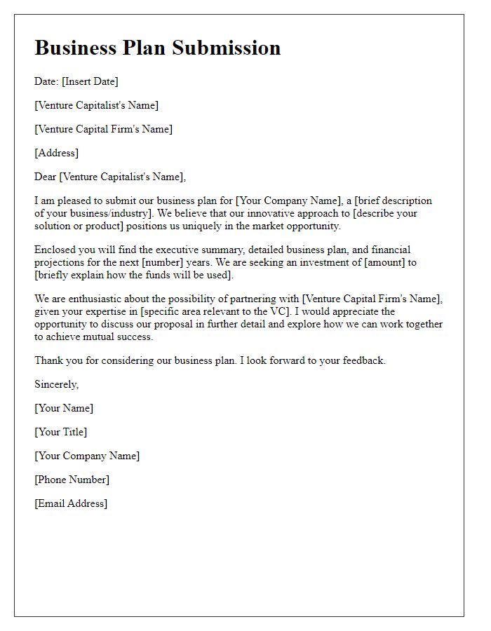 Letter template of business plan submission to venture capitalists