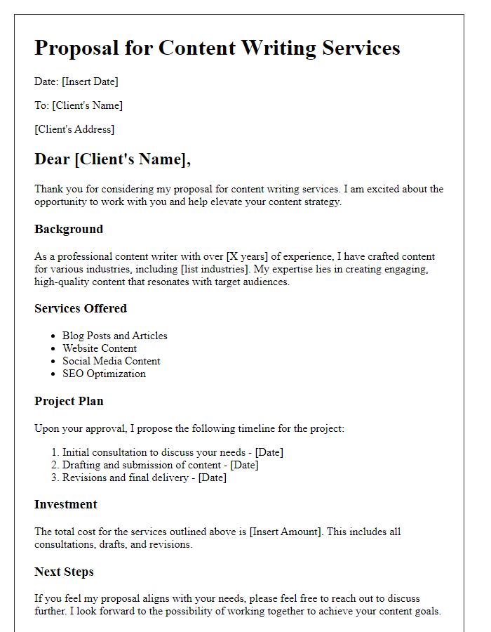 Letter template of freelance business proposal for content writing services