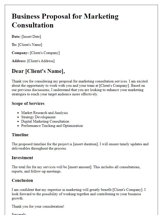 Letter template of freelance business proposal for marketing consultation