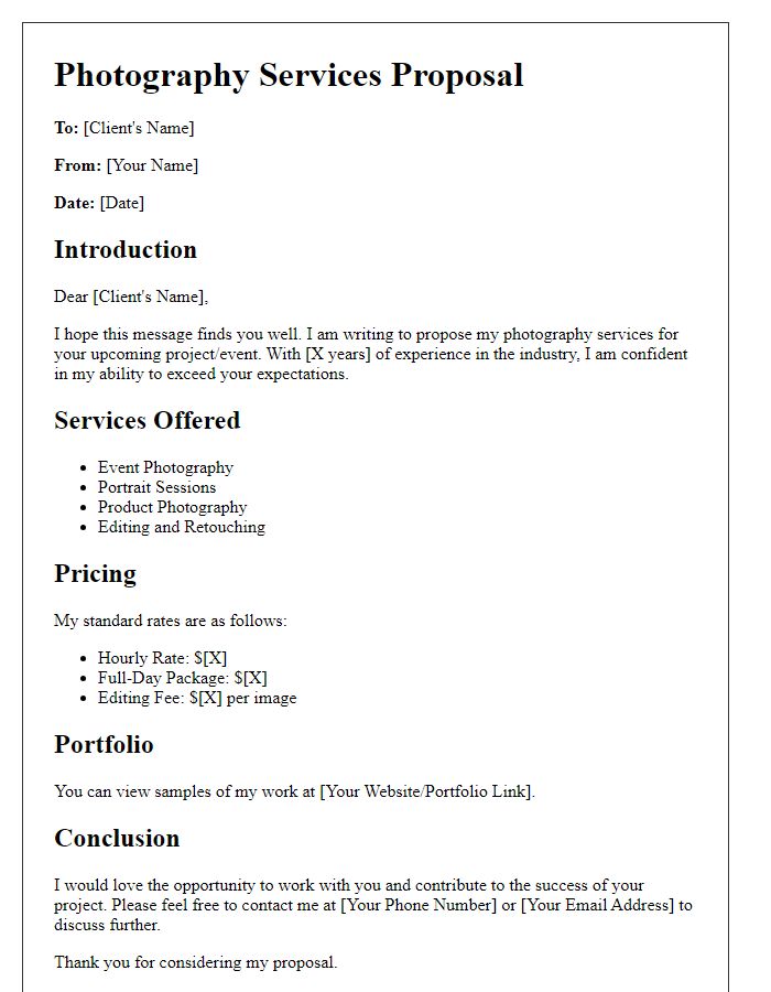 Letter template of freelance business proposal for photography services