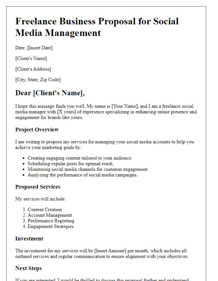 Letter template of freelance business proposal for social media management