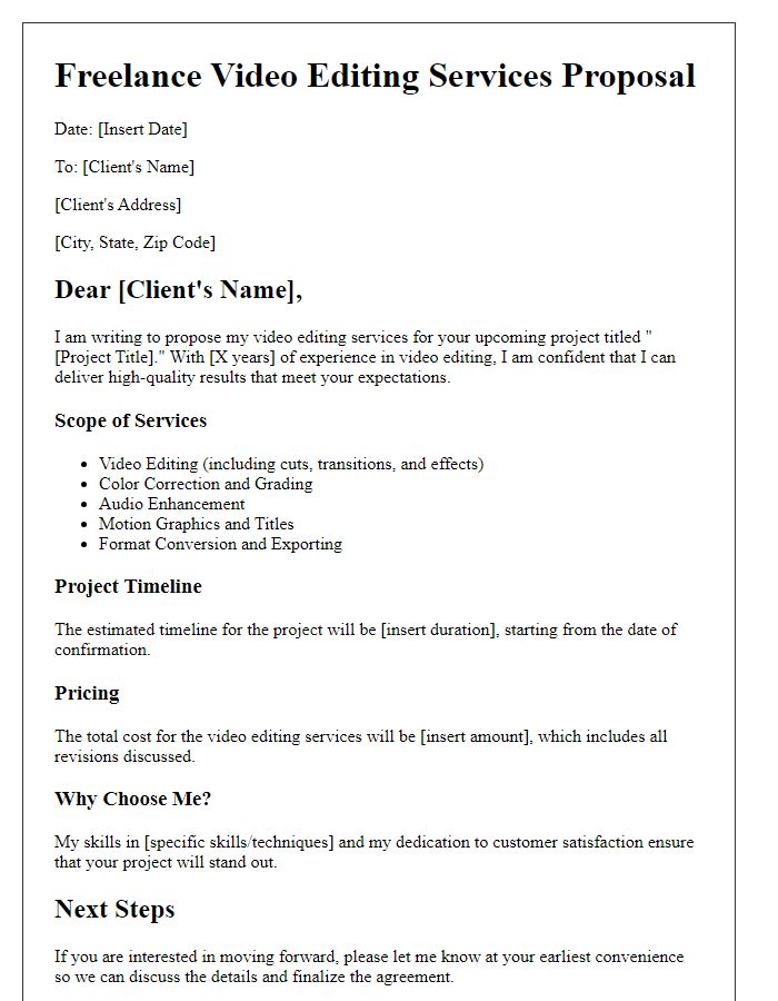 Letter template of freelance business proposal for video editing services