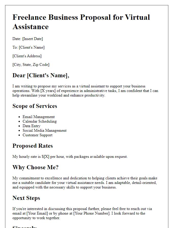 Letter template of freelance business proposal for virtual assistance