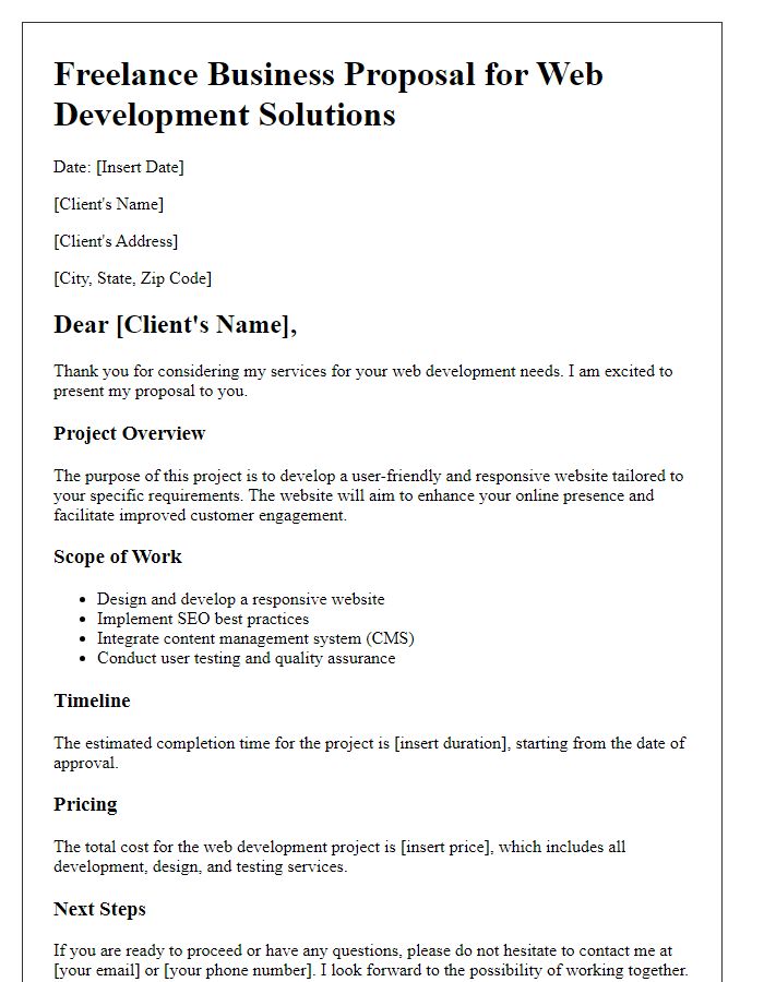 Letter template of freelance business proposal for web development solutions