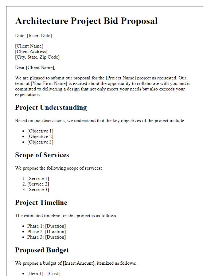 Letter template of architecture project bid proposal