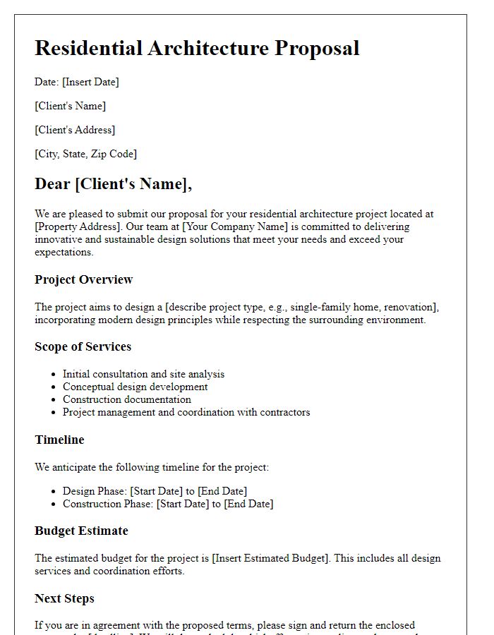 Letter template of residential architecture proposal