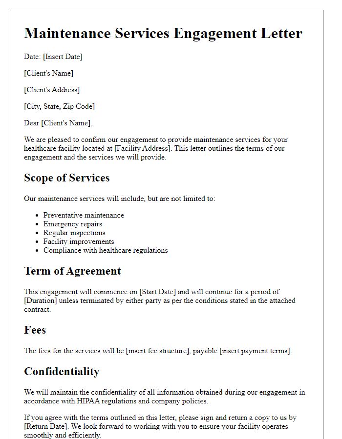 Letter template of maintenance services engagement for healthcare facilities.