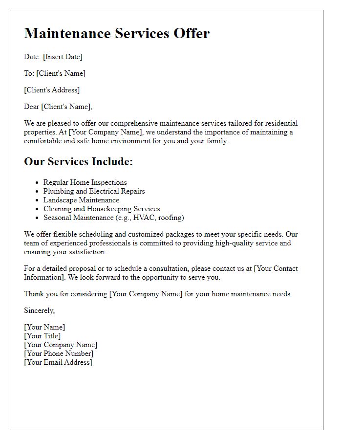 Letter template of maintenance services offer for residential properties.