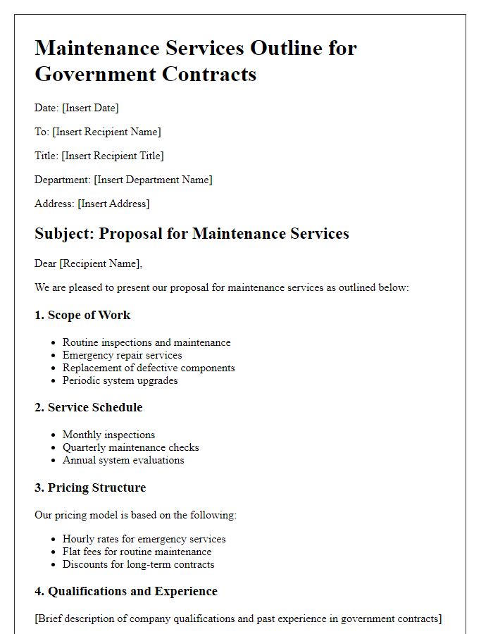 Letter template of maintenance services outline for government contracts.