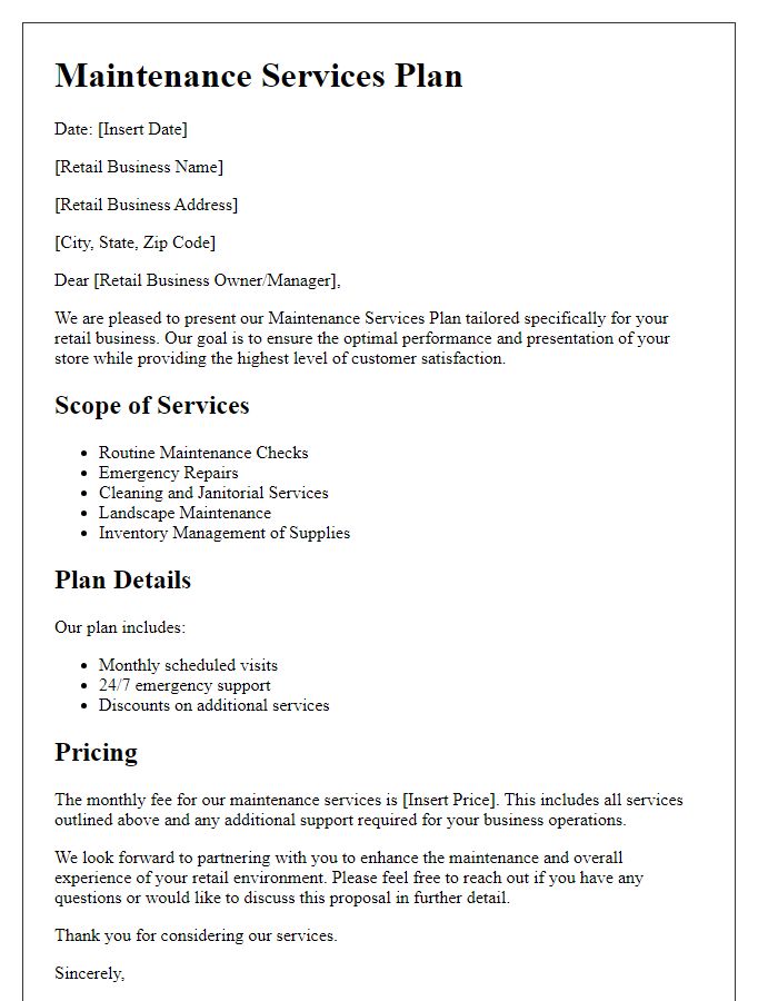 Letter template of maintenance services plan for retail businesses.