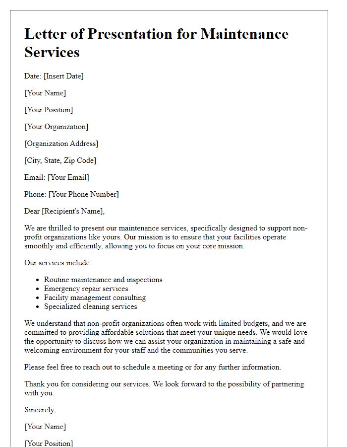 Letter template of maintenance services presentation for non-profit organizations.