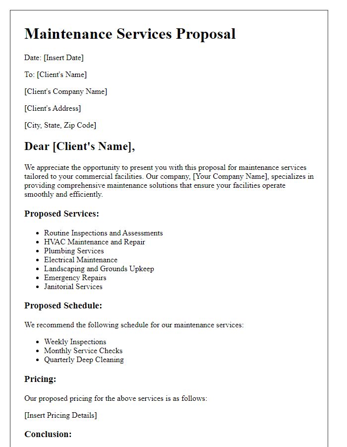 Letter template of maintenance services proposal for commercial facilities.