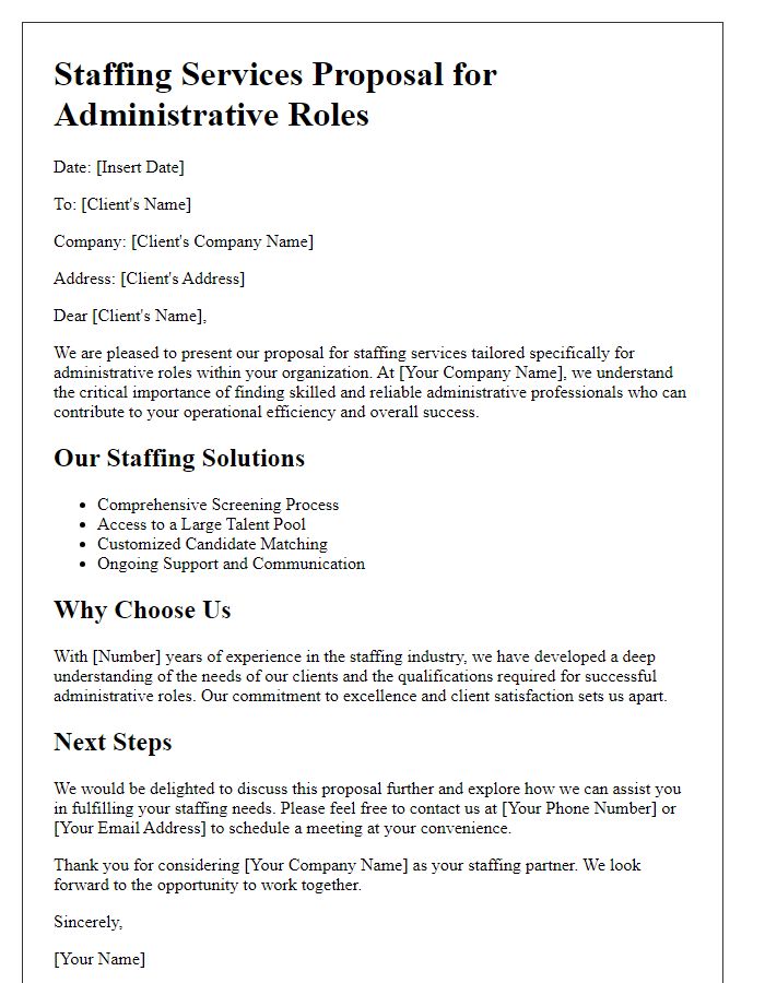 Letter template of staffing services proposal for administrative roles