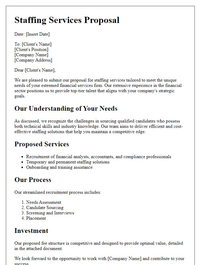 Letter template of staffing services proposal for financial services