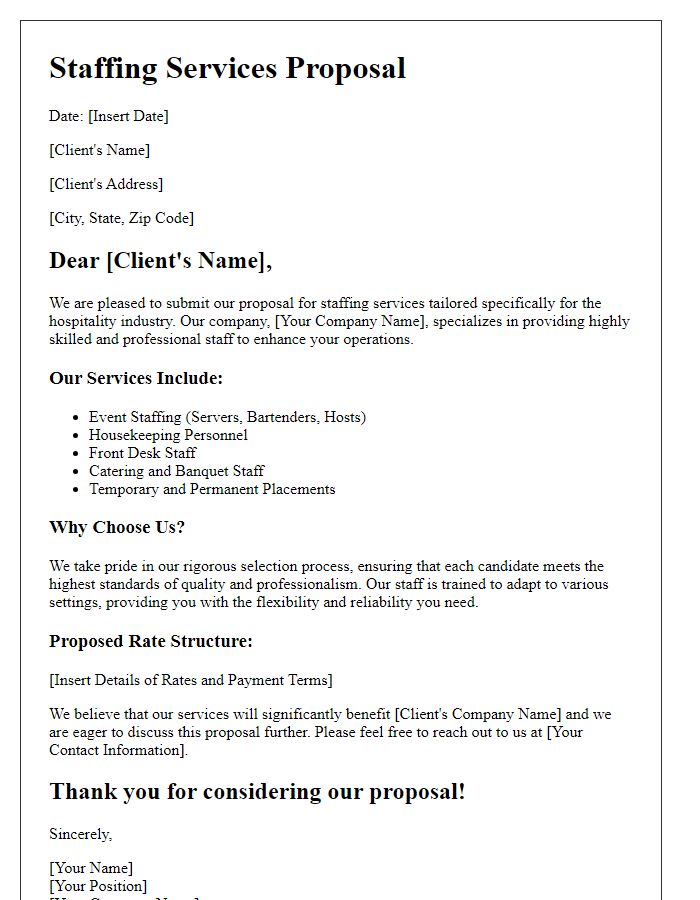 Letter template of staffing services proposal for hospitality industry