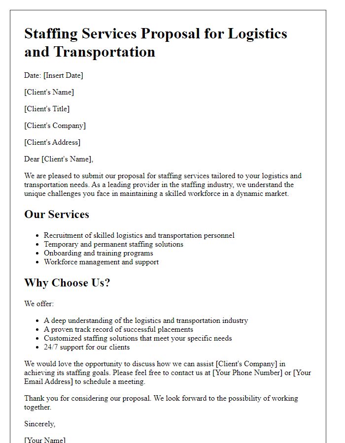 Letter template of staffing services proposal for logistics and transportation