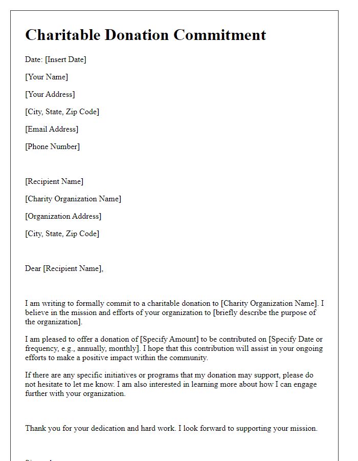 Letter template of charitable donation commitment