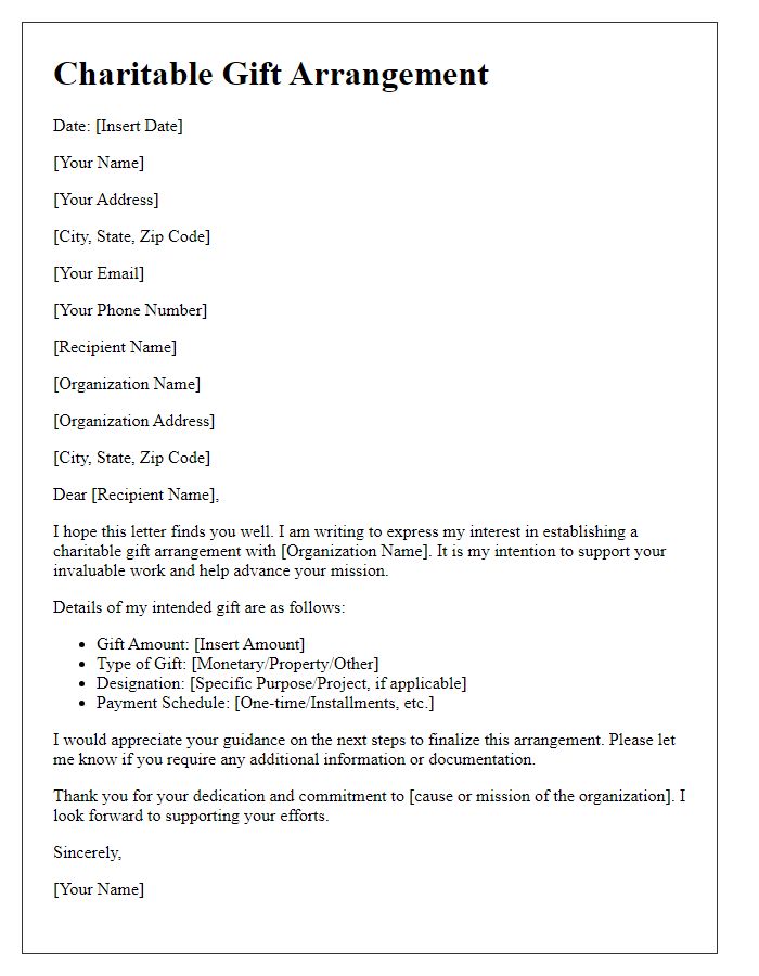 Letter template of charitable gift arrangement