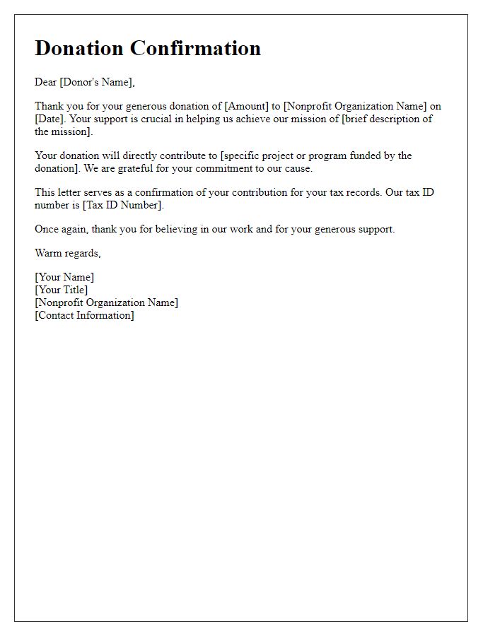 Letter template of nonprofit donation confirmation