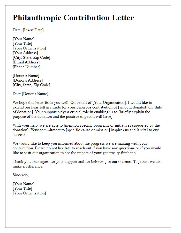 Letter template of philanthropic contribution letter