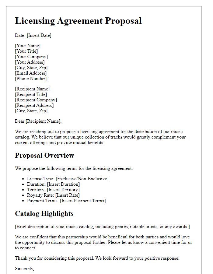 Letter template of a licensing agreement proposal for music distribution.