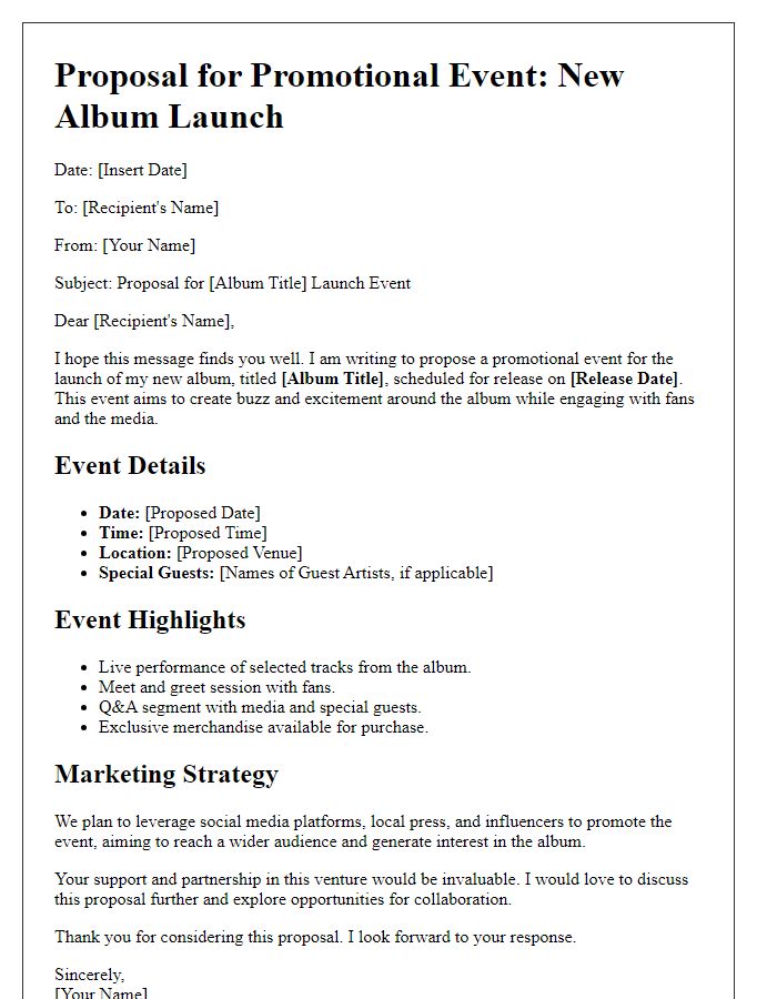 Letter template of a promotional event proposal for a new album launch.