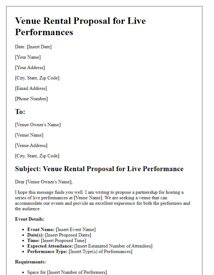 Letter template of a venue rental proposal for live performances.