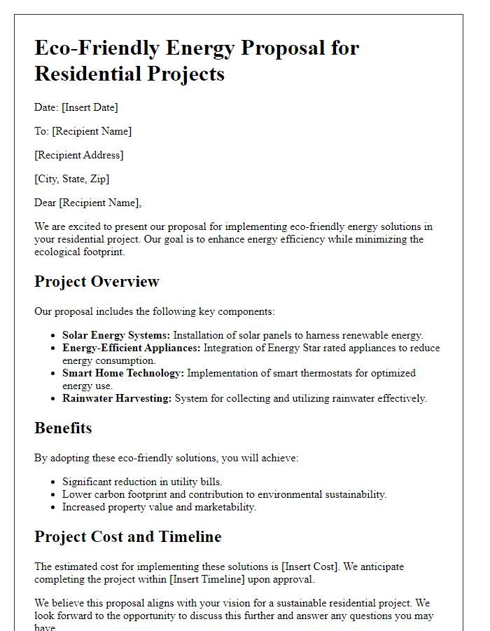 Letter template of eco-friendly energy proposal for residential projects