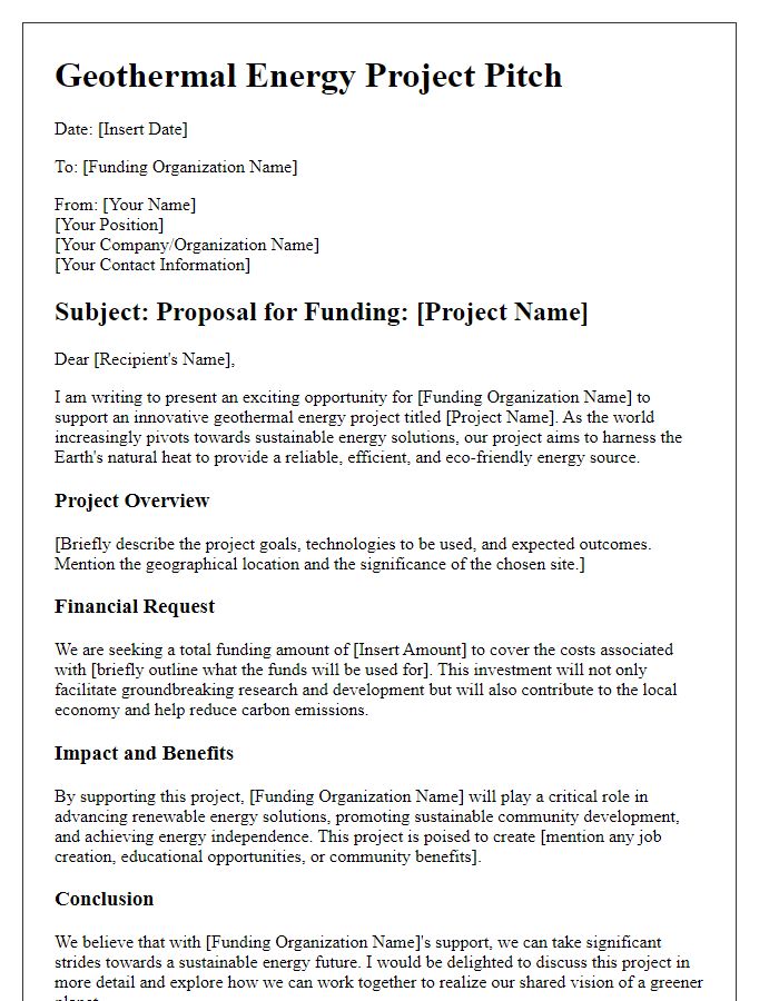 Letter template of geothermal energy project pitch for funding