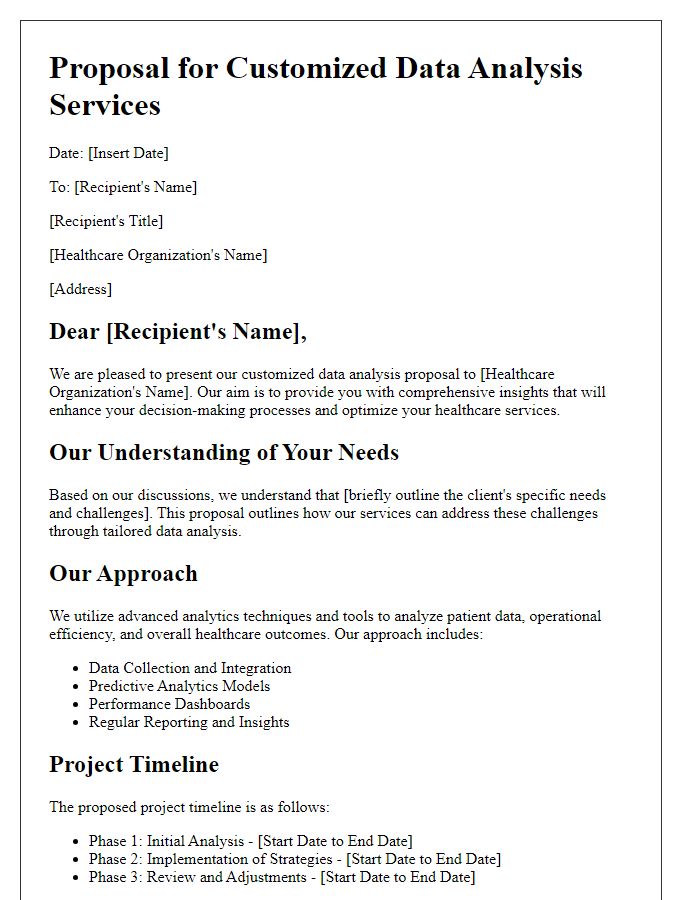 Letter template of a customized data analysis business proposal for healthcare services.