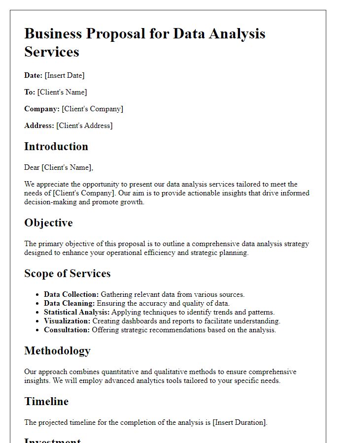 Letter template of a detailed data analysis business proposal for corporate clients.