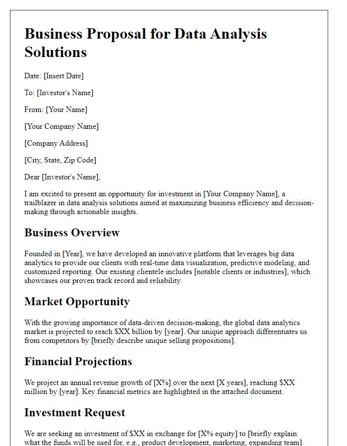 Letter template of a persuasive data analysis business proposal for investors.