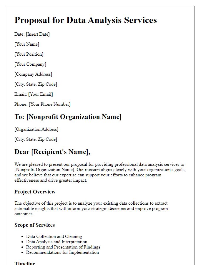 Letter template of a professional data analysis business proposal for nonprofit organizations.