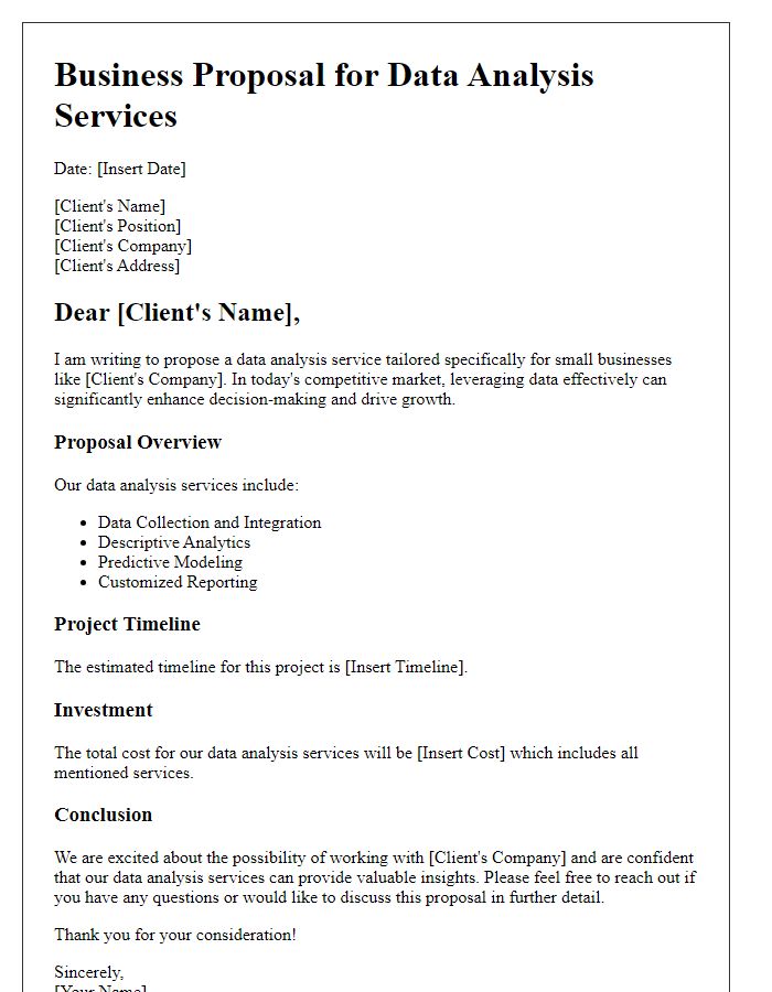 Letter template of a straightforward data analysis business proposal for small businesses.