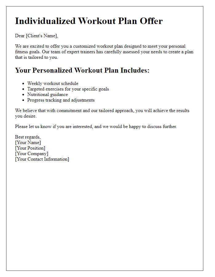 Letter template of individualized workout plan offer