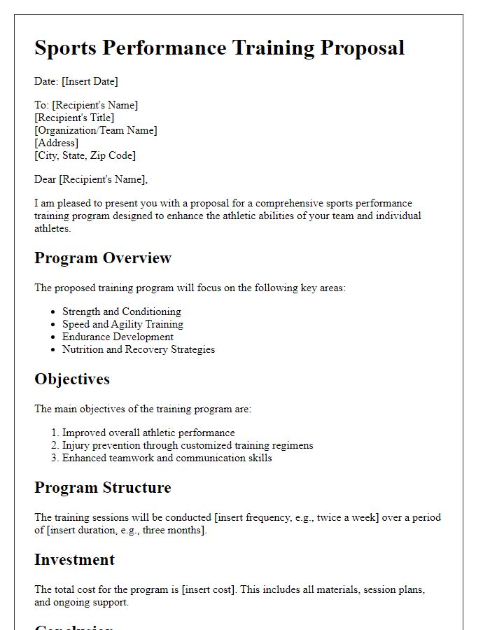 Letter template of sports performance training proposal