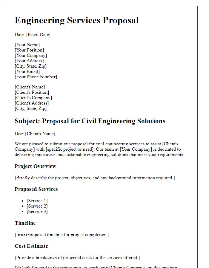 Letter template of engineering services proposal for civil engineering solutions.